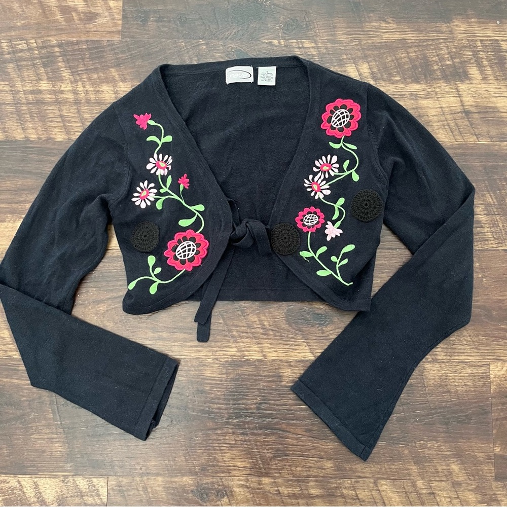 Y2K vintage 90s Rave floral bell sleeve fairy coquette front tie shrug cardi S